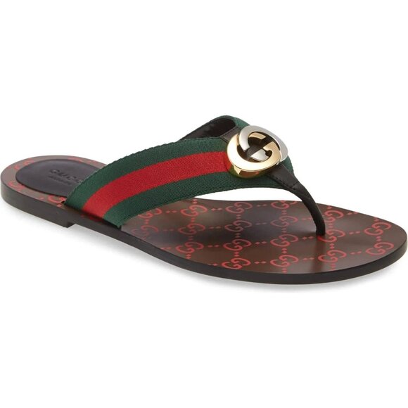 GUCCI Kika GG Logo Web Stripe Leather Thong Slip-on Sandals, Size 36.5 - Picture 1 of 7